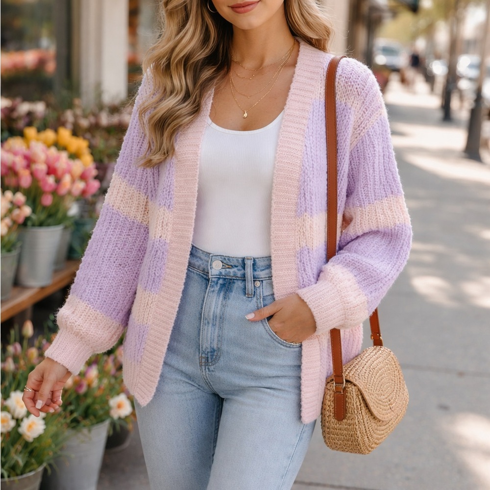 Pink Lily Pastel Chunky Knit Cardigan Lavender Blush Spring Sweater